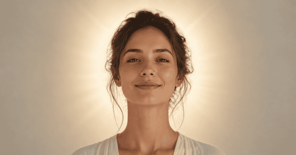A woman smiles serenely directly at the camera while a warm, soft glow radiates behind her head, beautifully showing that knowing the language is the first move they can't take back.