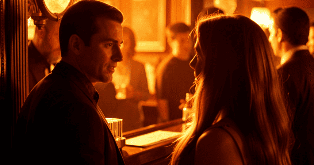 A man and a woman stand close together at a dimly lit bar counter under warm, golden lighting, subtly illustrating that narcissists do not choose randomly when selecting a target.