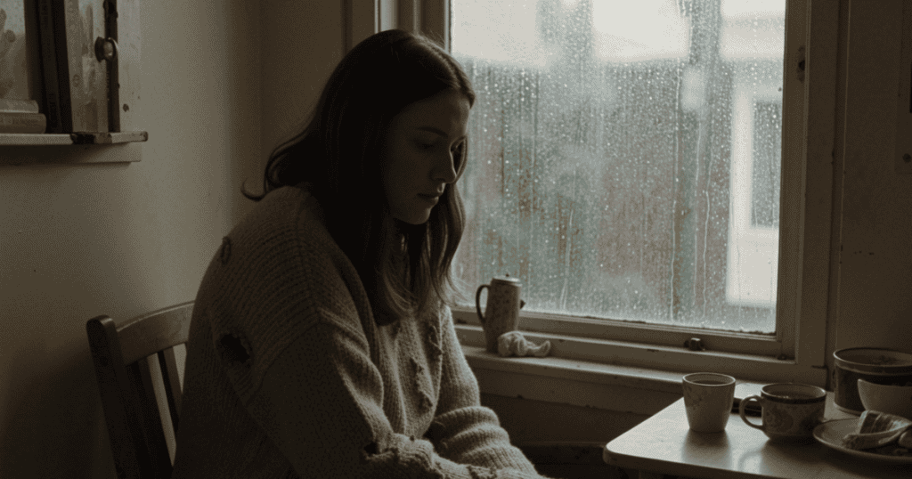 A woman sits looking downcast in a dimly lit indoor room next to a window streaked with rain, embodying the vulnerability of how recent wounds make people easier to hook.