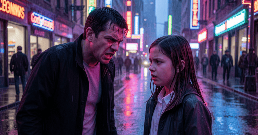 An angry man fiercely yells on a rain-slicked city street at night while a young girl looks back at him in frozen shock, vividly showing why a child might learn to rehearse every word before speaking.