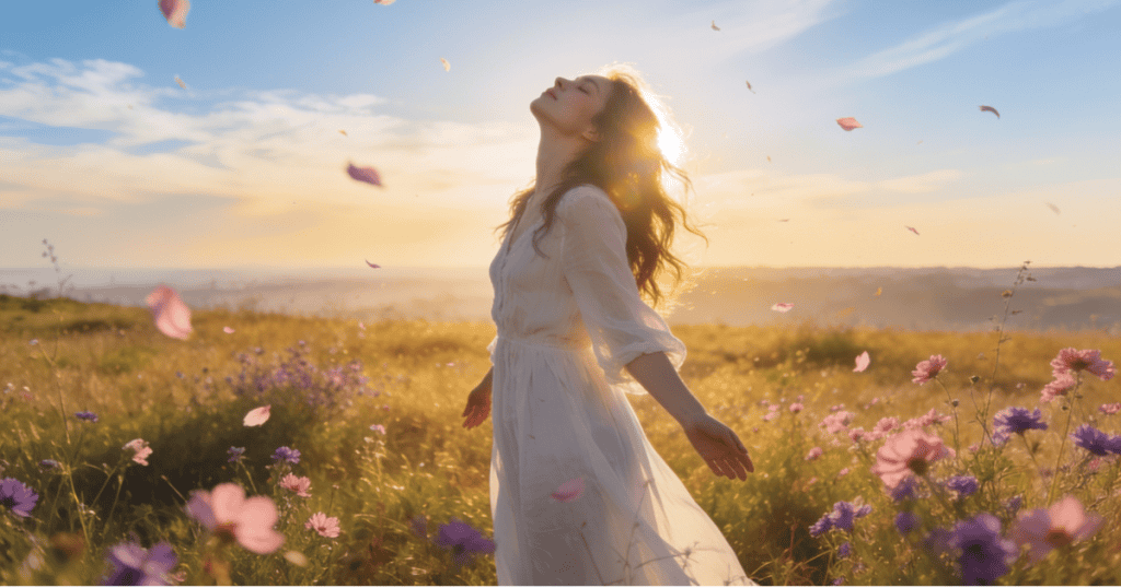 A woman stands in a vibrant field of flowers at sunset with her arms outstretched and face tilted to the sky, offering a glimpse of the freedom found when realizing the checklist had no finish line, that was always the point.