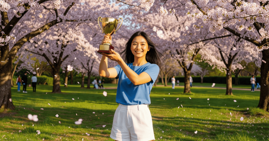 A smiling young woman proudly holds a golden trophy high beneath a canopy of blooming cherry blossom trees, beautifully showcasing a triumphant reality built entirely far beyond the restrictive limits once placed on her.