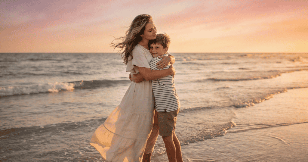 A woman tightly embraces her young son on a tranquil beach at sunset, beautifully showing that the curse stops the moment you decide it does.