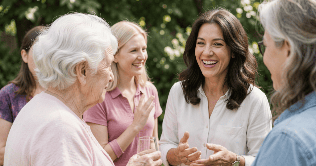 A cheerful woman gestures and laughs dynamically while talking to a group of friends outdoors, capturing the expressive warmth that reveals why the first thing they notice is emotional responsiveness.