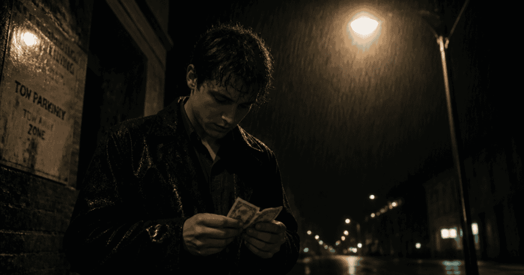 A man stands under a streetlamp in the pouring rain looking down at paper money in his hands, portraying a dark and hidden reality that doesn't look like abuse at first.