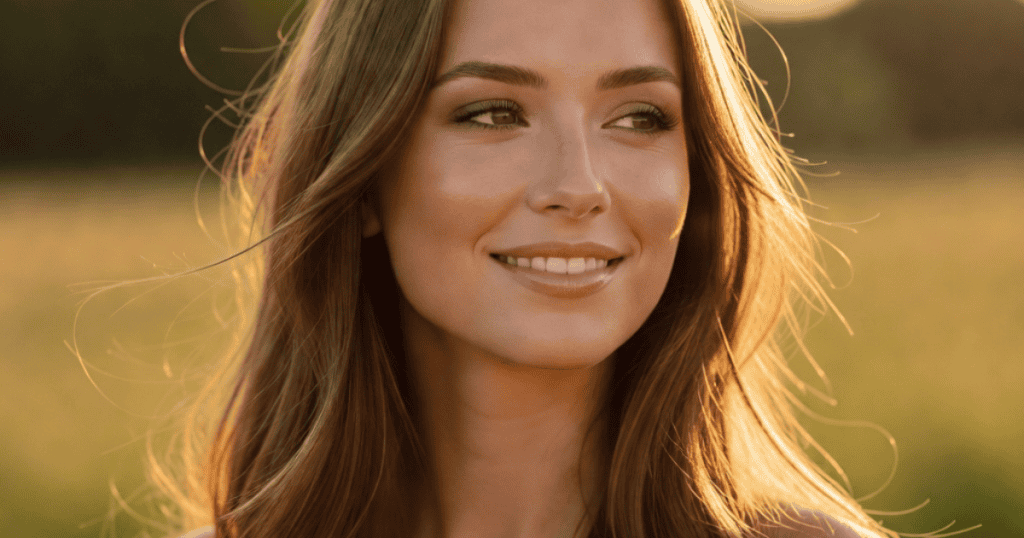 A close-up portrait shows a young woman smiling gently as warm sunlight catches her long hair, representing one of the 5 ways narcissists accidentally train you to become more powerful than them.