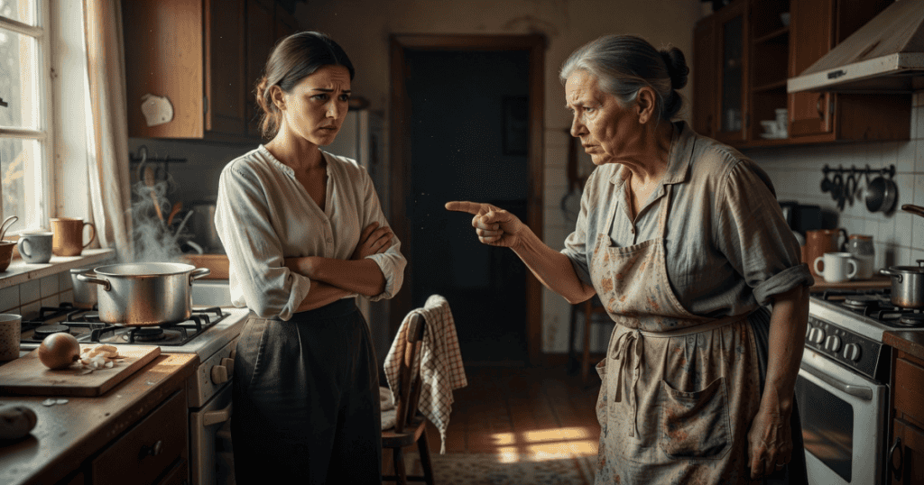 An older woman aggressively points a finger at a younger woman with crossed arms in a rustic kitchen, illustrating how the scapegoat leaving is usually the first crack everyone feels.
