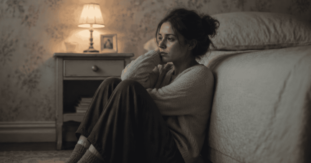 A woman sits curled up on the floor with her knees tucked to her chest while leaning against the side of a bed, looking anxiously toward a dimly lit lamp as if still trapped by the invisible ghosts of her past.
