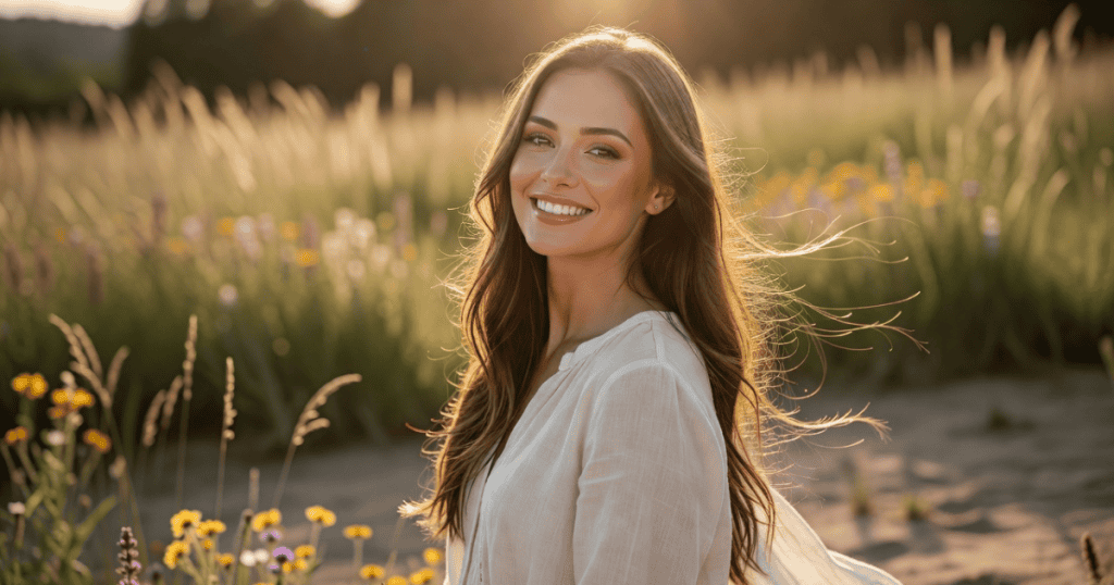 A woman smiles beautifully as she turns back toward the camera in a sun-drenched grassy field, conceptually reflecting the liberation of realizing the shame belongs to the narcissist who exploited you.