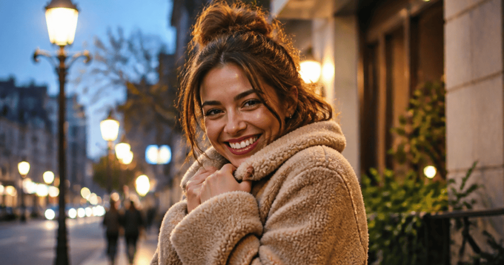 A woman tightly bundles herself up in a plush coat while laughing joyfully on a brightly lit city street at dusk, subtly proving that the work they put into manipulating you proves you were harder to break.
