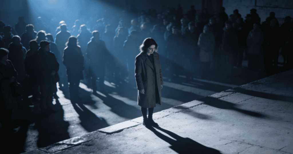 A solitary woman stands cast in a beam of light while facing away from a large, dark crowd, evoking the profound confusion of trying to navigate a world where there were unwritten rules, and nobody told you about them.