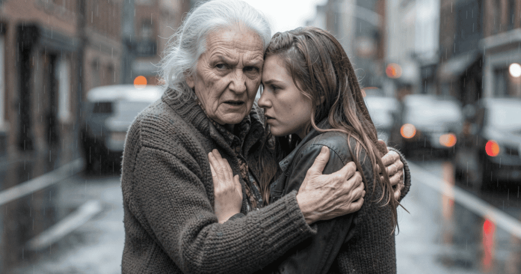 An older woman with gray hair tightly embraces a younger woman on a rainy city street with an anxious look, showing that these losses hurt because they break the system, not just the narcissist.