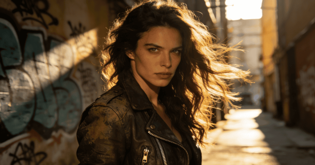 A woman in a leather jacket stands with an intense, determined gaze in a sunlit urban alleyway, powerfully showing that they built the person who finally left.