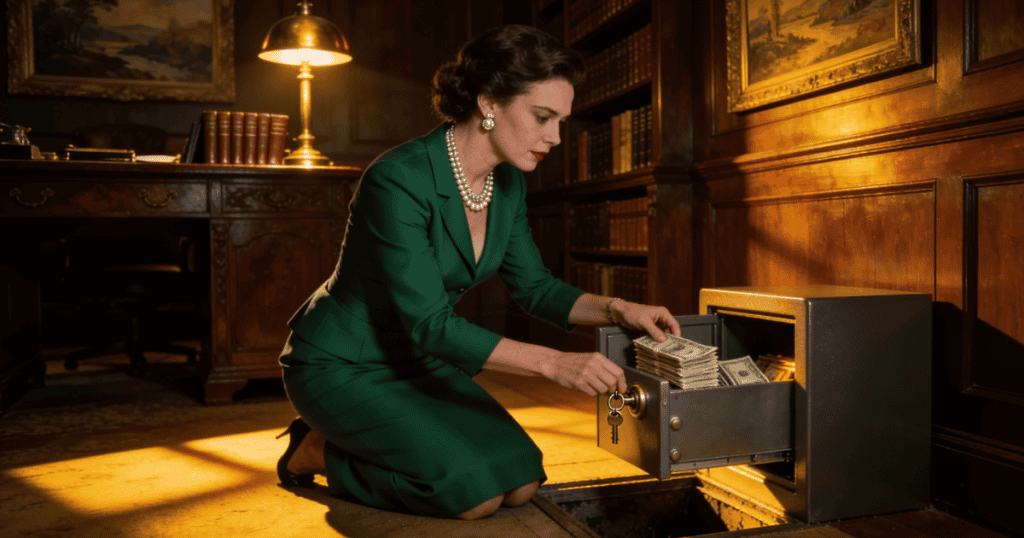 A woman dressed in a green suit kneels in an elegant library to pull bundles of cash out of a secure floor safe, symbolically illustrating a hidden financial truth because they counted on you not knowing, but now you do.