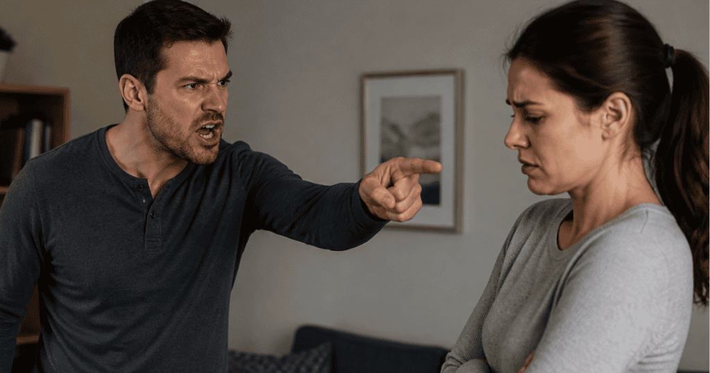 An angry man fiercely points an accusing finger at a woman who crosses her arms and looks away, perfectly capturing a tense moment where they test whether you avoid conflict.
