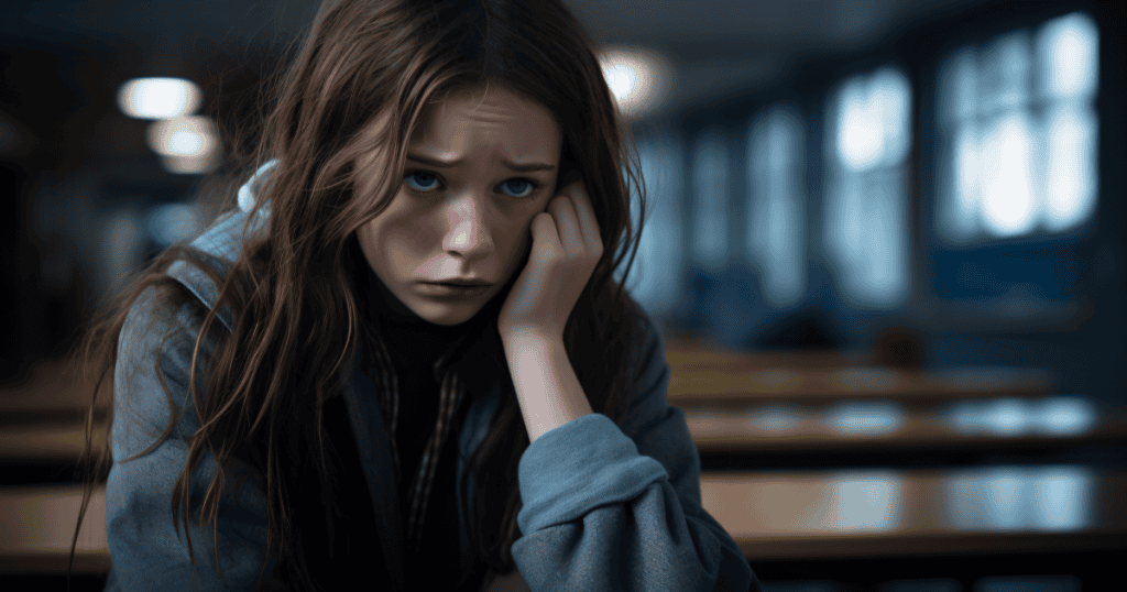 A young girl sitting alone in a dim classroom with a worried, downcast expression, depicting how a narcissistic parent's belittling keeps a child feeling small and insecure well beyond childhood.