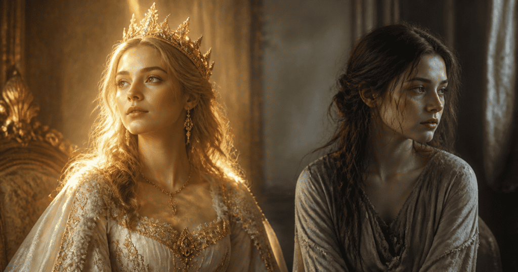 A poised, golden-crowned queen sits in a radiant glow next to a despondent, plain-clothed woman looking off into the shadows, symbolically revealing the psychological gap where they watch how much you seek approval.