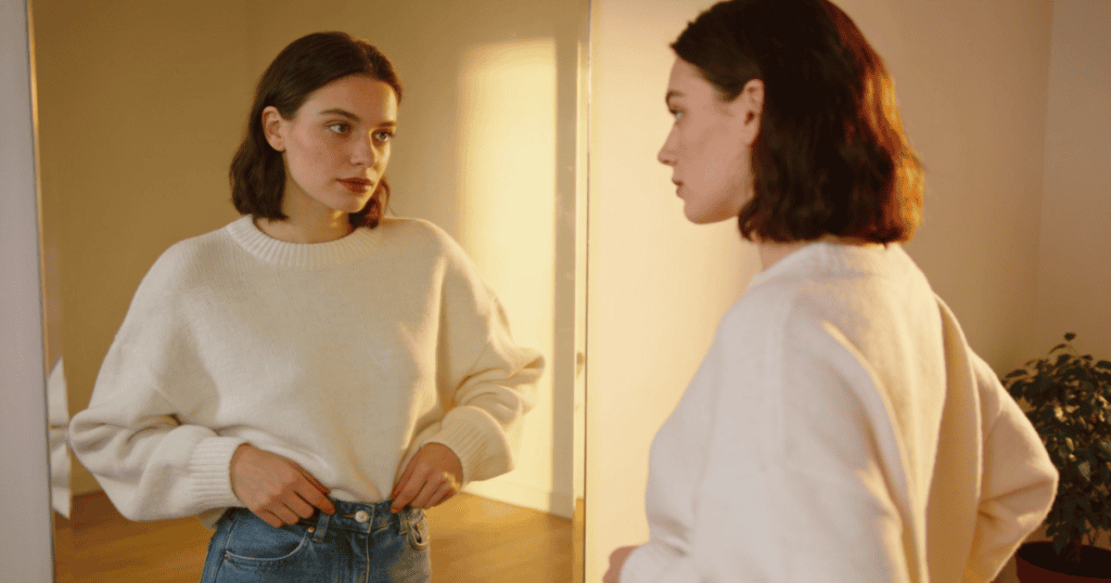 A young woman stands looking at her own reflection in a large mirror, contemplating the person staring back at her as she navigates the complex space between cognitive clarity and true emotional liberation.