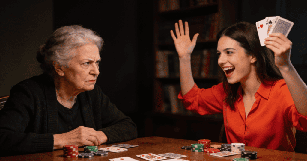 A young woman cheers excitedly while holding up a winning hand of cards during a tabletop game, while the bitter older woman sitting across from her glares with deep, envious resentment at being visibly outmatched.