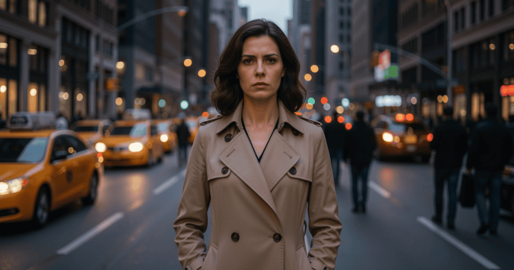 A determined woman in a tan trench coat stands with unwavering focus in the middle of a busy city street, powerfully representing the clarity and strength that emerges on the day you see the whole pattern.