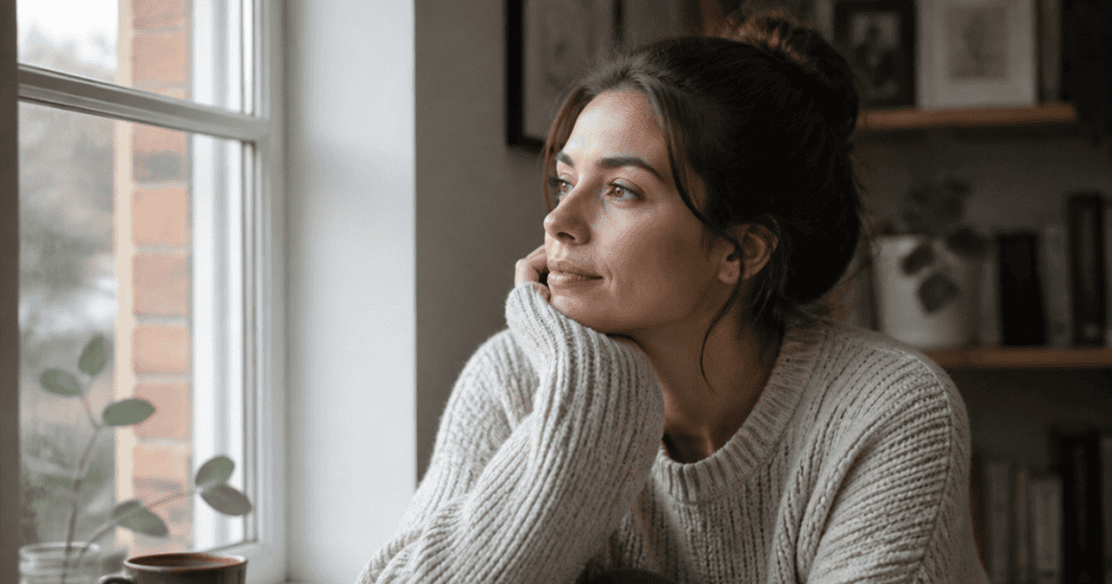 A young woman in a cozy knit sweater rests her chin on her hand while gazing thoughtfully out a window, reflecting a quiet clarity as she shifts her perspective to a much deeper, foundational level.
