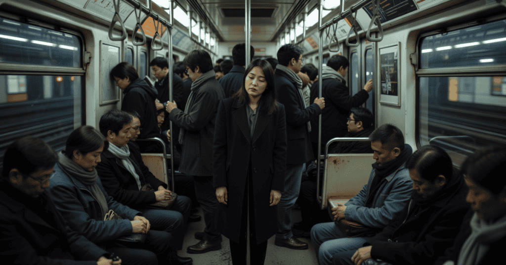 A woman stands completely still and emotionally drained in the center of a crowded subway car where everyone else is seated or moving around her, powerfully illustrating what mastering every step actually costs you.
