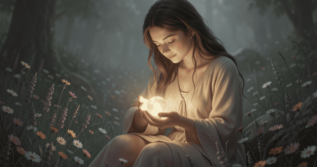 A mystical woman sits in a field of wildflowers while gently holding a glowing glass orb in her hands, conceptually reminding you that you were trained into this, but you are not trapped in it.