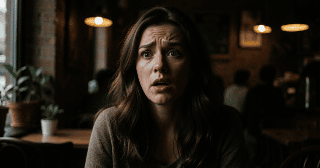 A close-up portrait captures a woman looking deeply startled and anxious inside a dimly lit space, representing the critical turning point of deciding what to do with the guilt once you know where it came from.