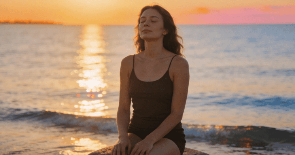 A woman sits peacefully on a rock by the ocean shore while closing her eyes to take in a vibrant sunset, beautifully showing that you didn't abandon them, you finally stopped abandoning yourself.
