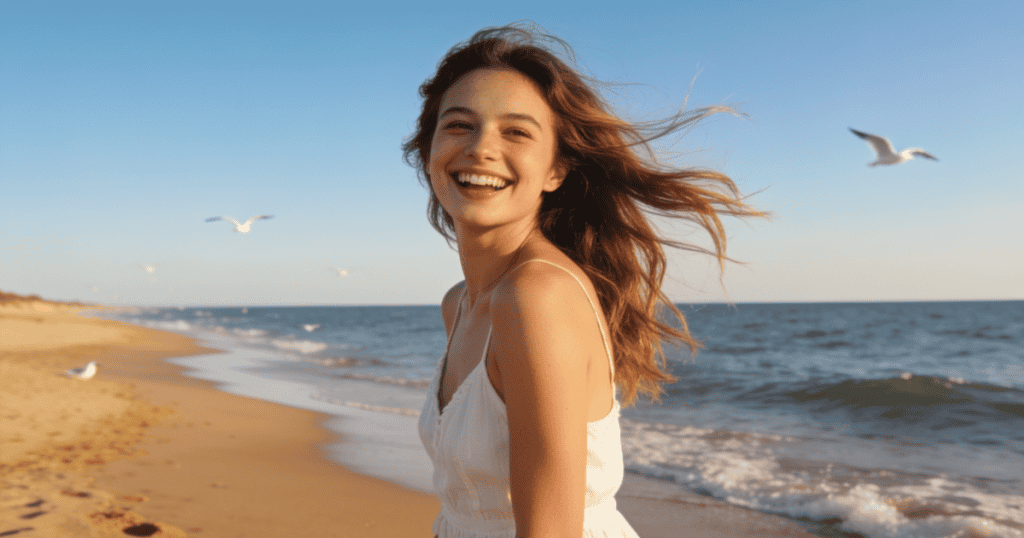 Joyful woman smiling at the beach with seagulls and ocean in background.