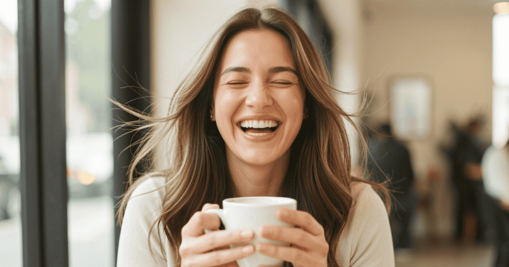 A woman laughs with pure delight while holding a warm mug near a bright window, beautifully showcasing what starts changing when you stop calling familiar safe.