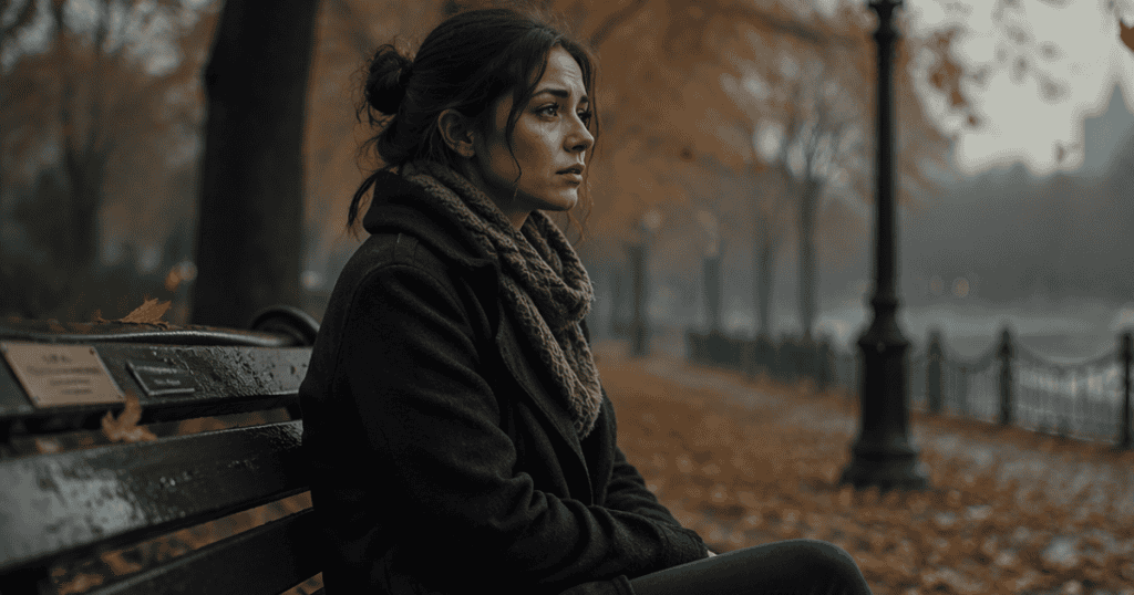 A woman sits wrapped in a dark coat on a park bench under falling leaves, acknowledging the painful wave of longing without letting it pull her backward.