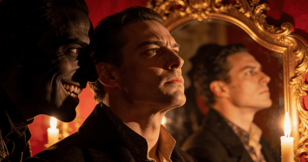 A sinister, sharp-toothed shadow smiles maliciously next to a man staring intently into a gold-framed mirror by candlelight, powerfully capturing the hidden rot of the 5 ways an enabler makes the narcissist more dangerous.