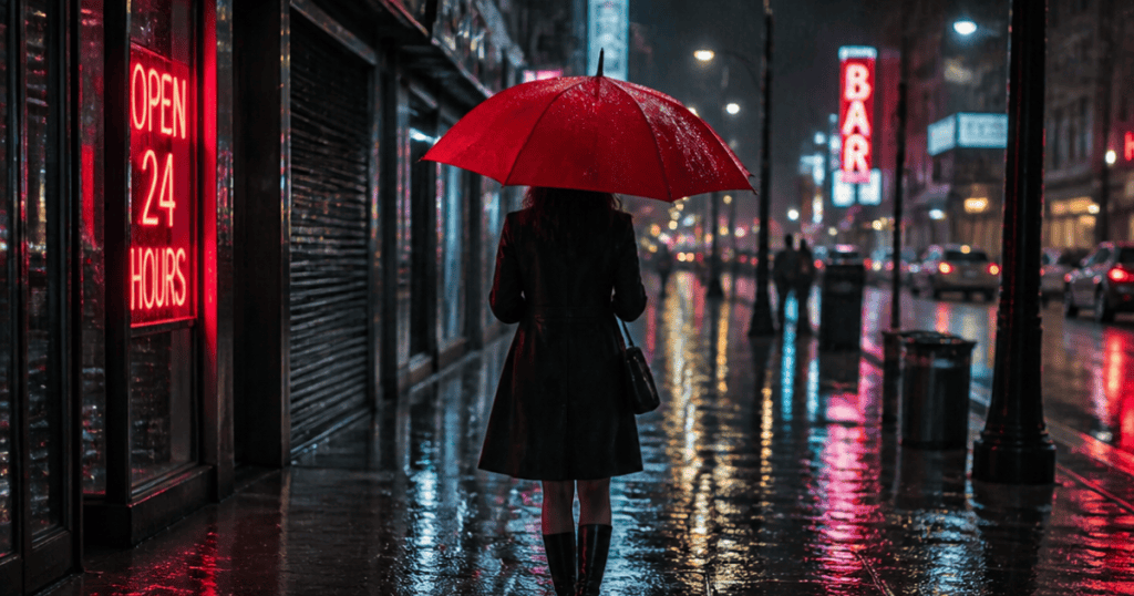 A woman carrying a red umbrella walks away down a rain-slicked city street lit by glowing neon signs, symbolizing the decisive step of leaving behind a chaotic environment for good.