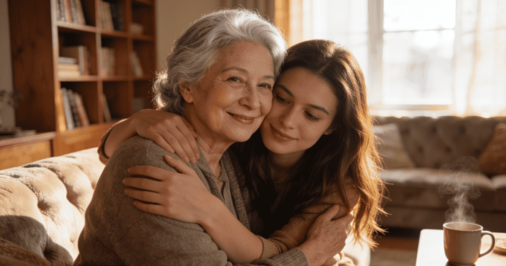 A young woman lovingly embraces an older, grey-haired woman on a living room sofa, capturing an intimate family bond that subtly underscores how early neglect taught them that love had to be chased.