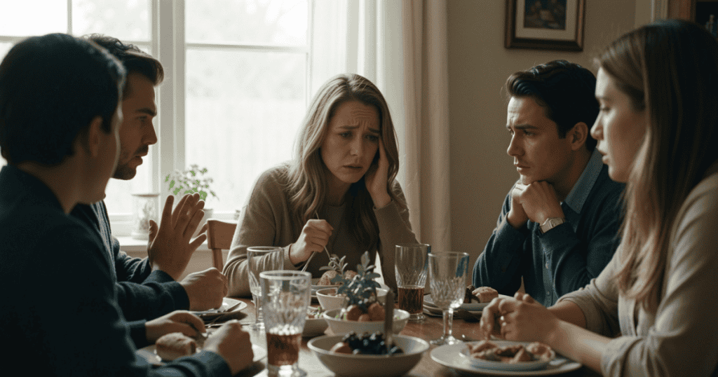 A family dynamic plays out as a distressed woman leans her head on her hand at a dinner table while the surrounding family members listen to someone speaking intensely, reflecting a heavy environment where they got the stage and you got your freedom.