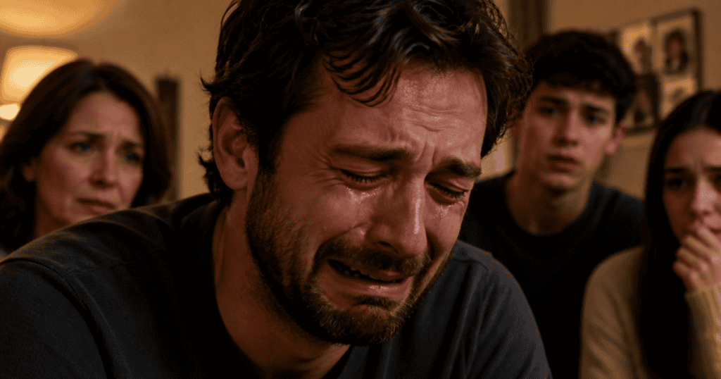 A man openly weeps with an intensely sorrowful expression while a group of concerned onlookers watches him in the background, capturing a calculated display of vulnerability where playing the victim gets them what they need next.