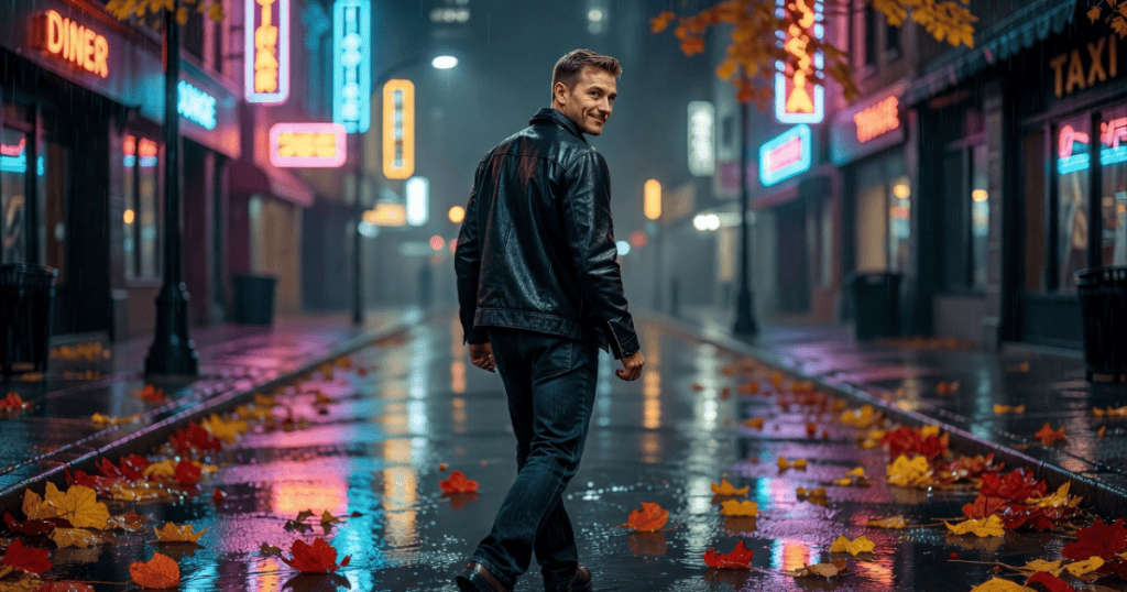 A man in a leather jacket turns back with a knowing smirk while walking down a wet, neon-lit city street at night, capturing the strategic charm used right before they disappear for good.