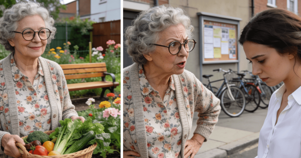A split-panel layout contrasts a smiling elderly woman holding a basket of fresh garden vegetables with the same woman aggressively confronting a downcast girl on a sidewalk, perfectly portraying the dual nature of the person nobody warned you about.