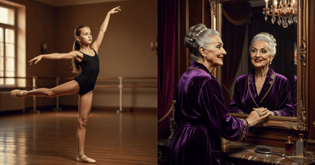 A split panel contrasts a young ballerina practicing her form in a studio with an elegant elderly woman in a purple robe smiling at her mirror reflection, highlighting the demanding performance environments of the specific childhood that created them.