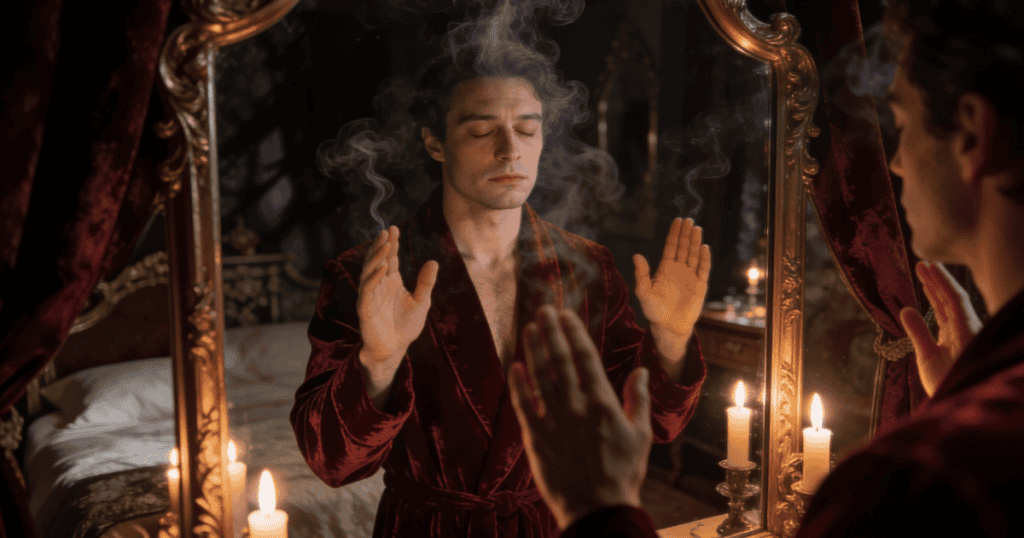 A man in a rich velvet robe holds his hands up against a ornate mirror as wisps of smoke rise around him, capturing a dramatic, illusions-filled struggle with self-image.