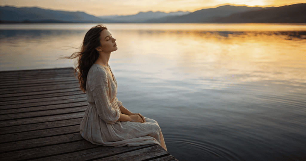 A woman sits quietly at the edge of a wooden dock with her eyes closed, looking out over a completely calm lake at sunset to reflect on the truth that changes everything.