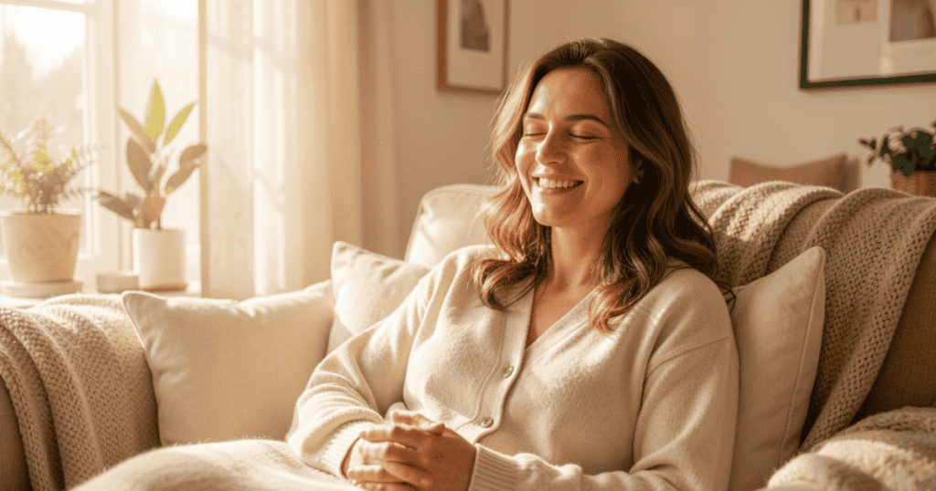 A woman relaxes comfortably on a plush cream couch with her eyes closed and a peaceful smile, offering a glimpse of personal healing that reminds you their pain explains everything, but it justifies nothing.