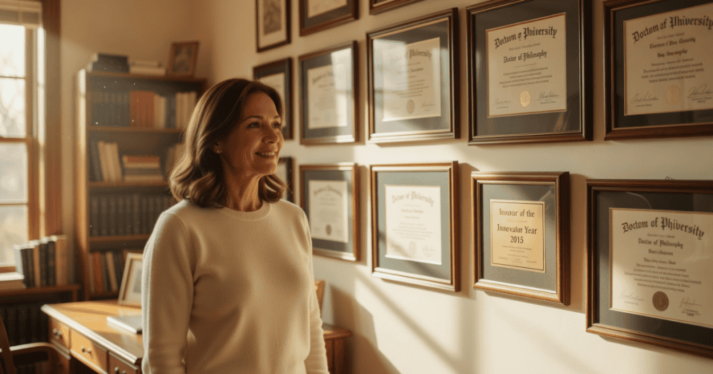 A smiling woman stands in an office looking proudly at a wall completely filled with framed university degrees and accolades, subtly pointing to the high-achieving history of a family line where their past has nothing to do with you yet it's still your problem.