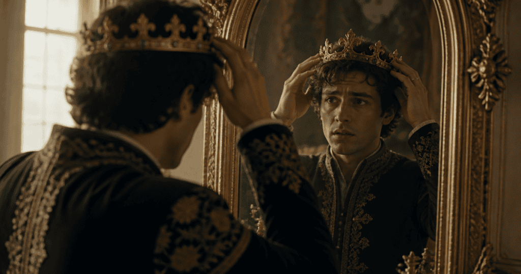 A young king in an embroidered blue and gold tunic looks anxiously into a gilded mirror while adjusting a gold crown on his head, powerfully symbolizing the deep-seated identity insecurities and what happened to a narcissist before you came along that explains how they treated you.