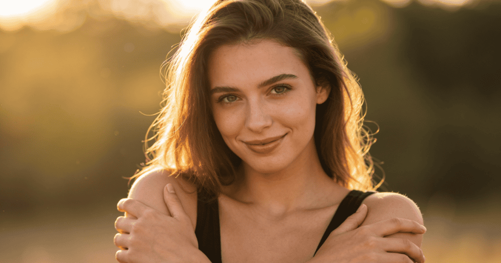 A woman smiles serenely with a calm, reassured look while wrapping her arms around herself in a sunlit field, perfectly embodying the quiet inner certainty and the one thing that tells you this time is final.