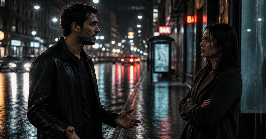 Man gestures pleadingly on a rain-slicked city street at night toward a woman standing with her arms crossed, illustrating how manipulative narratives are constructed through persuasive, targeted conversations.