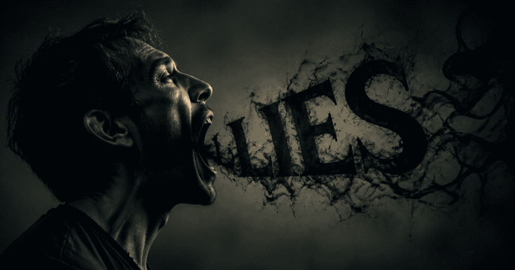 A side profile of a man shouting dark, smoke-like letters out of his open mouth, visually representing the aggressive spread of harmful fabrications meant to shape public perception.