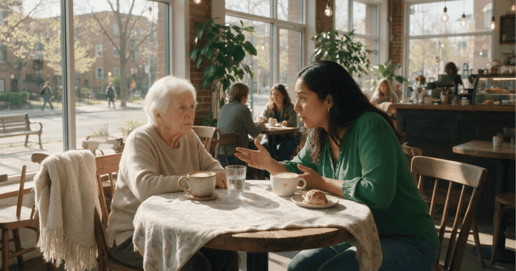 A woman sits across a table at a cafe speaking intently to an elderly companion, reflecting a difficult conversation where hard truths are brought to light.