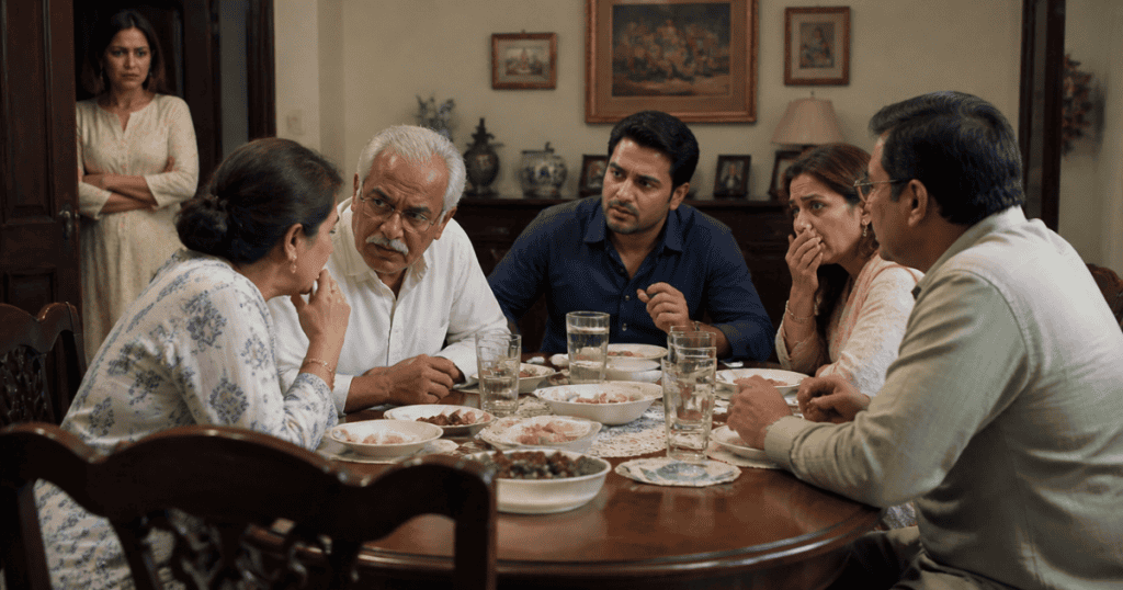 A group seated around a dinner table listens intently to an intense conversation while a woman stands alone in the background doorway, depicting the emotional weight of being excluded from the core family dynamic.